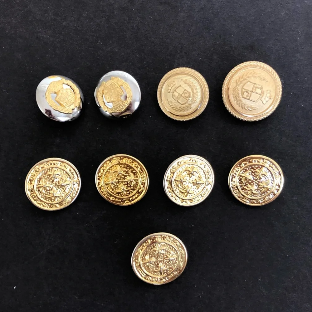 Vintage Military Uniform Carved Buttons, Gold Tone Lot of 9 Excellent